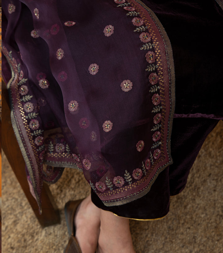 Plum Hand Embroidered Organza Dupatta