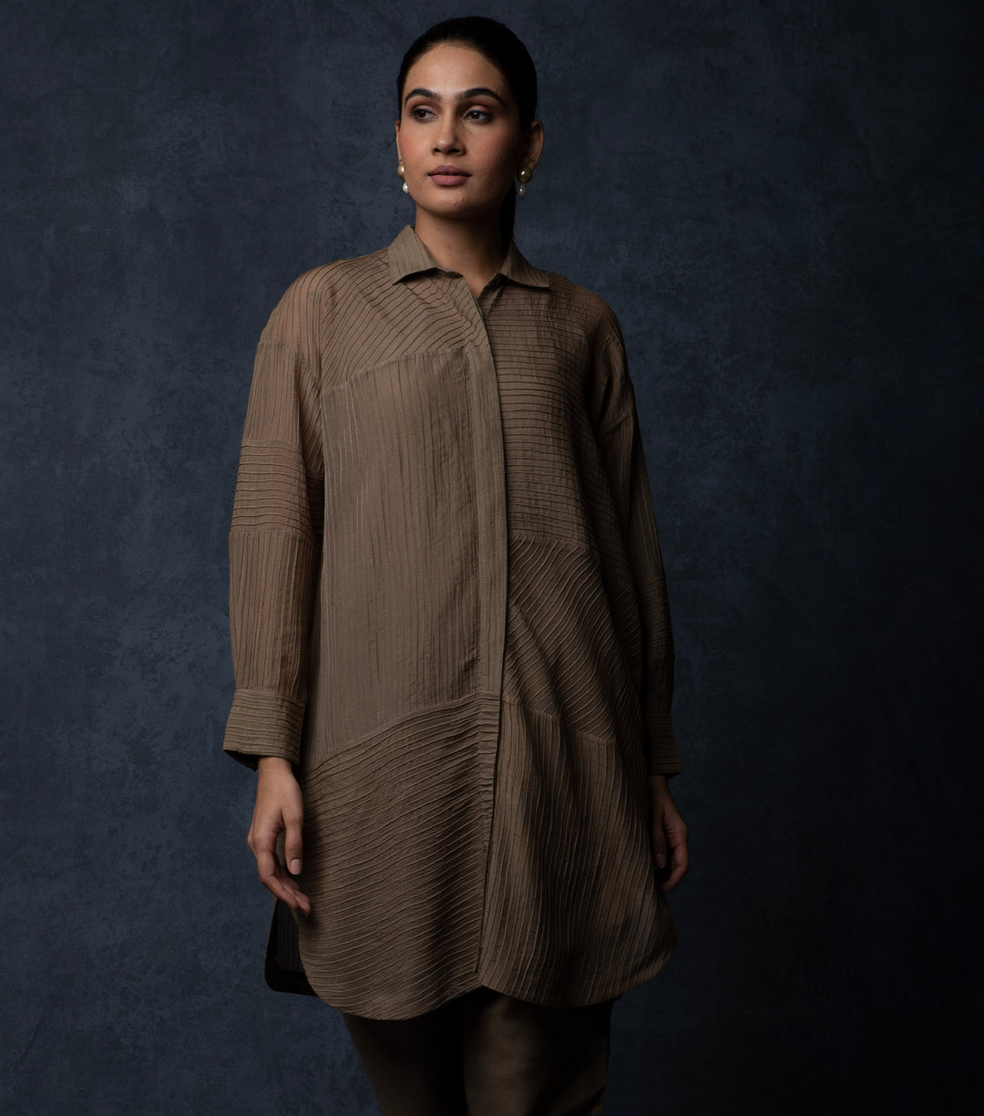 Greenish Brown Pintuck Embroidered Cotton co-ord set