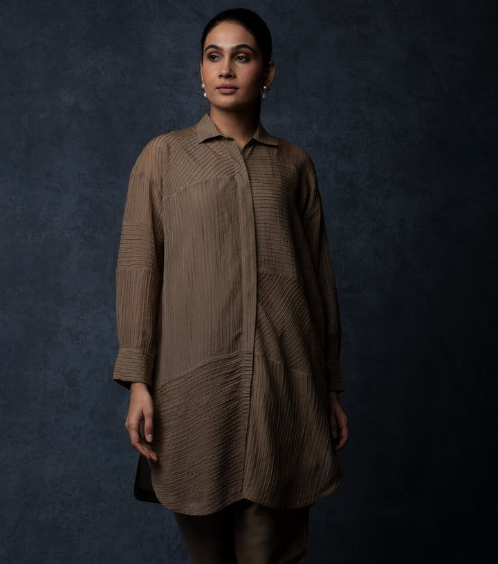 Greenish Brown Pintuck Embroidered Cotton co-ord set