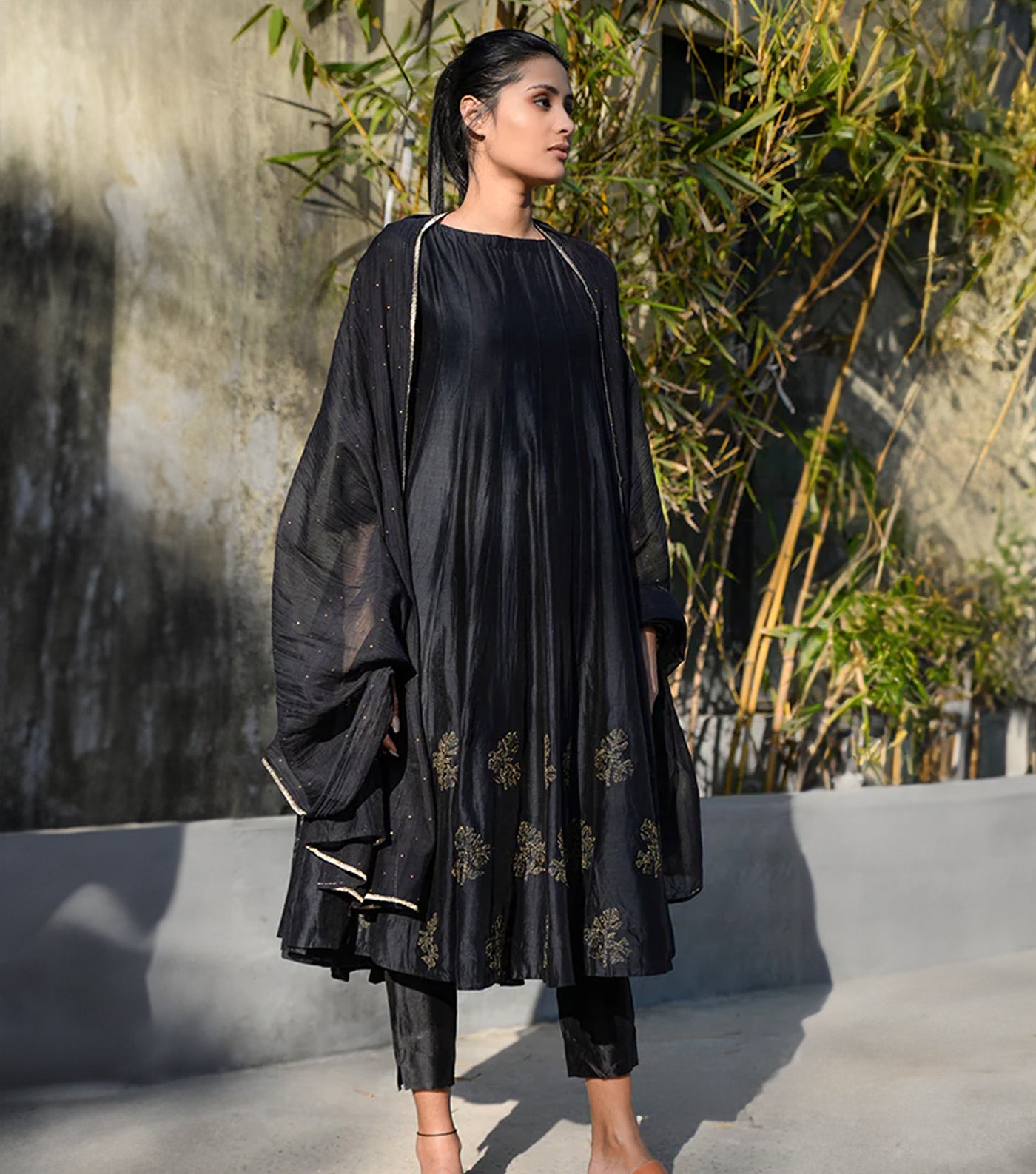 Black Chanderi Kurta Set with Pants & Dupatta