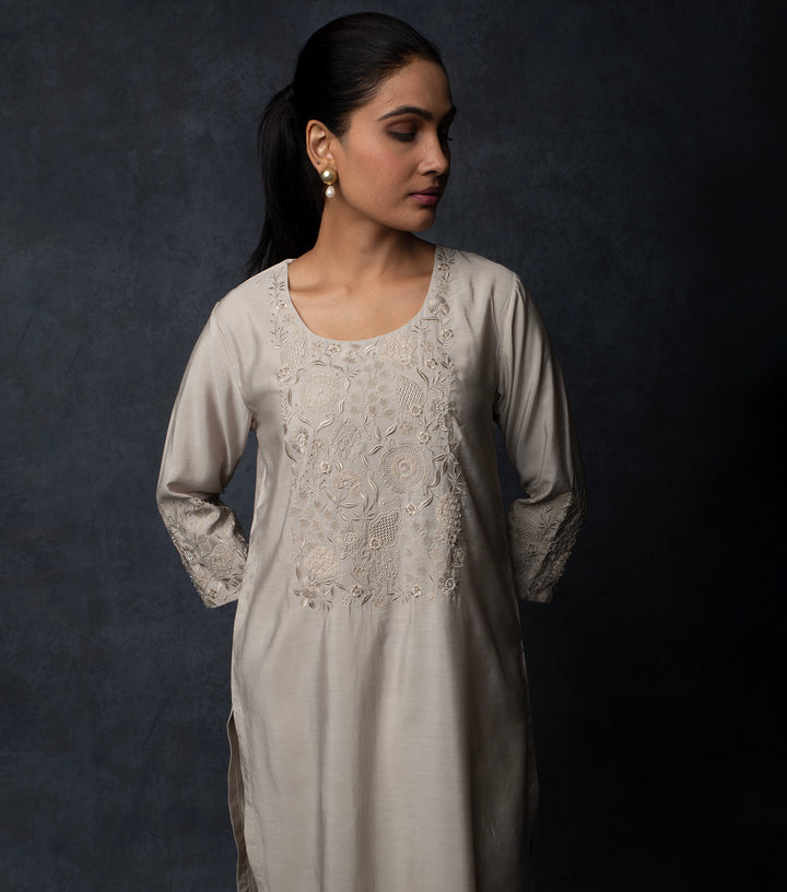 Light Grey Embroidered Chanderi Suit Set