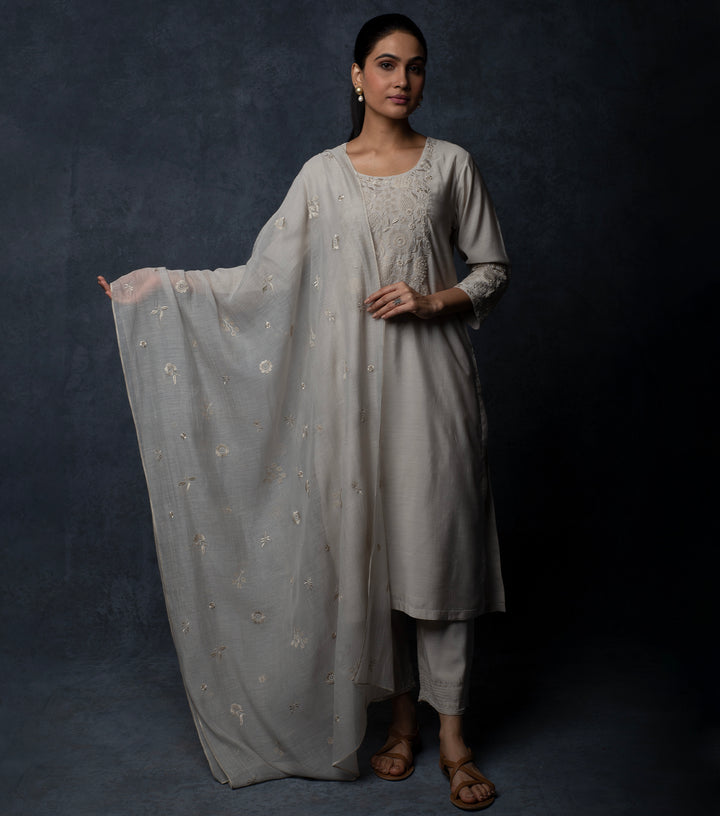 Light Grey Embroidered Chanderi Suit Set