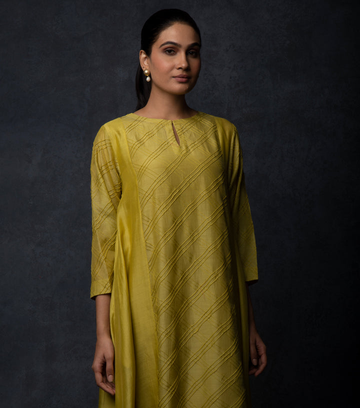 Yellowish-Green Panelled Muslin Dress