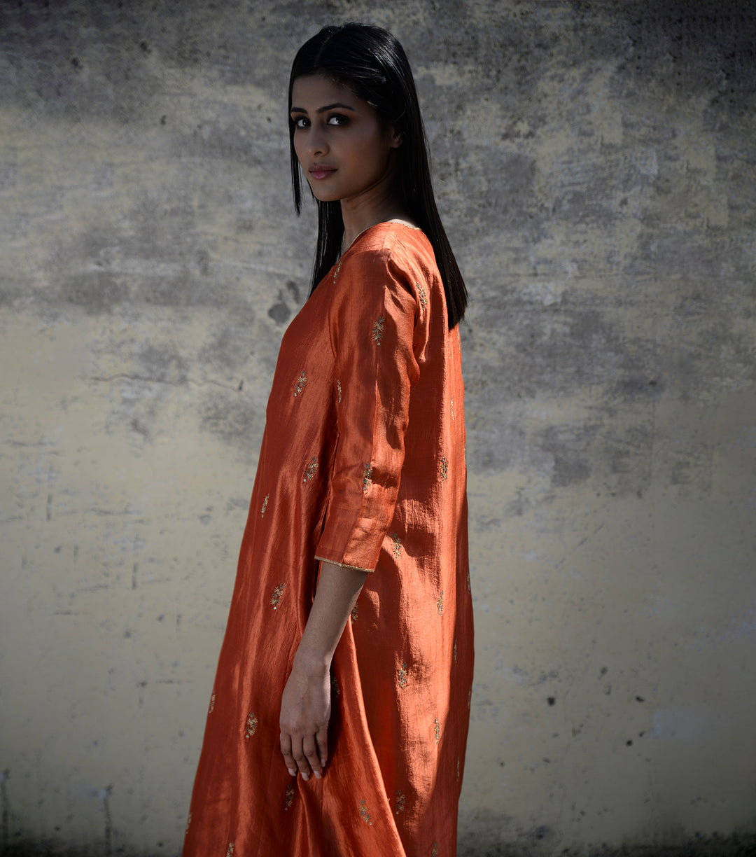 Rust Orange Embroidered Silk Kurta & Pants Set