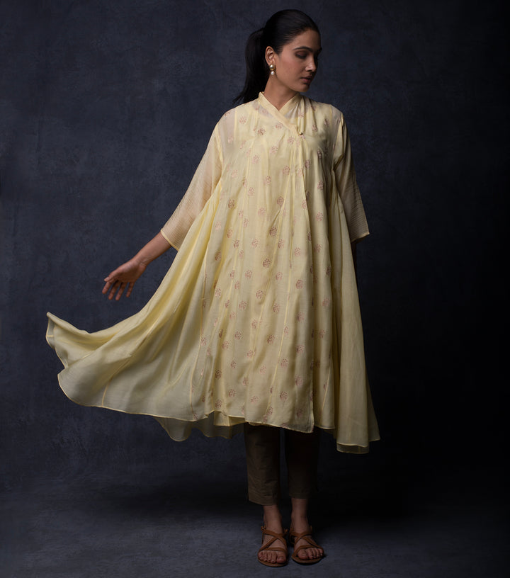 Pastel Yellow Thread Embroidered Muslin Choga