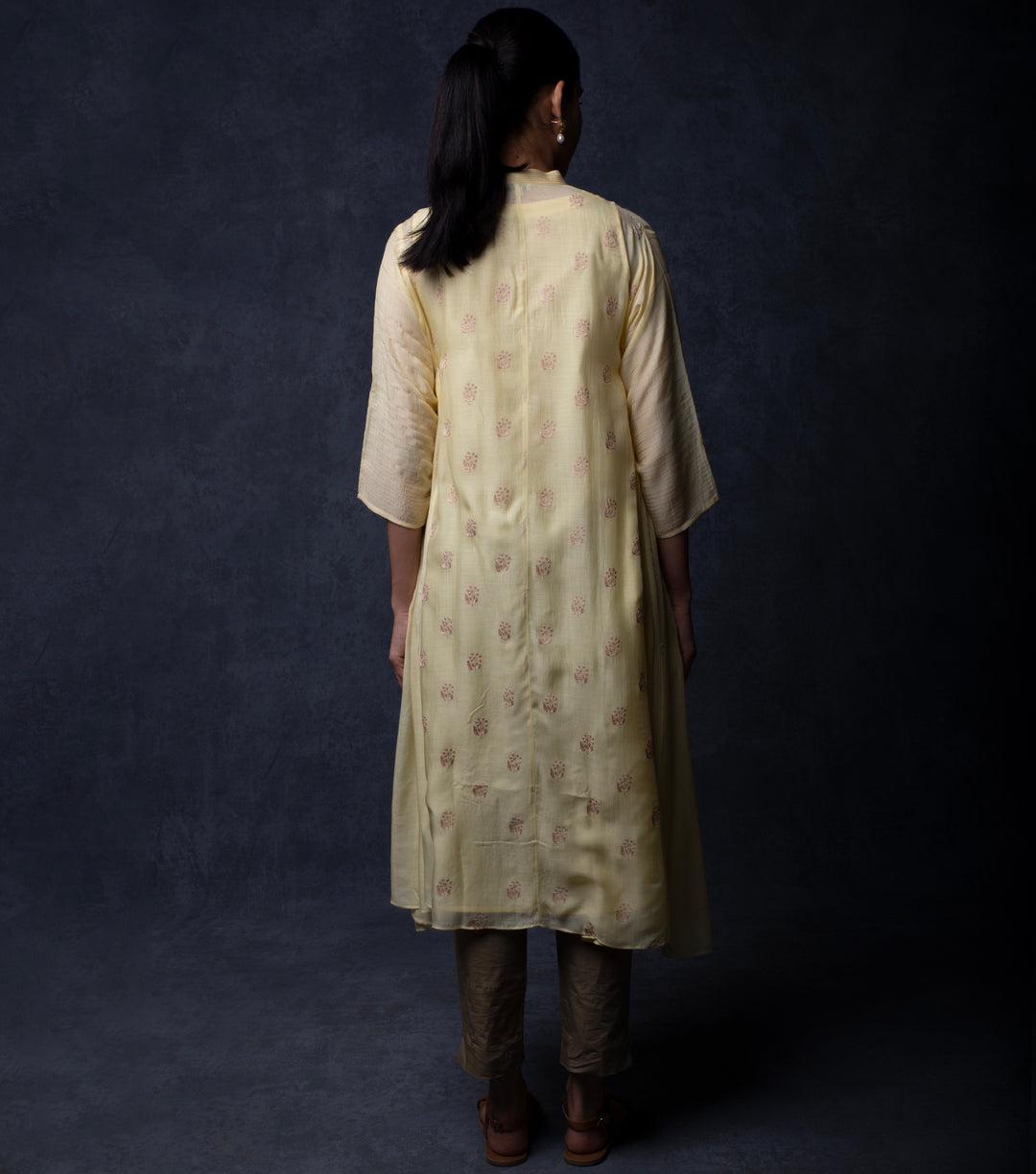 Pastel Yellow Thread Embroidered Muslin Choga