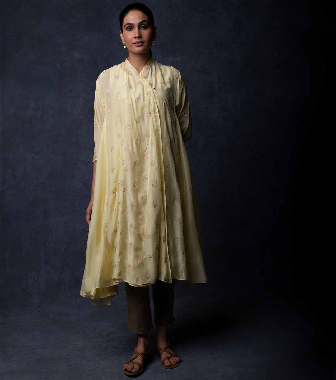 Pastel Yellow Thread Embroidered Muslin Choga