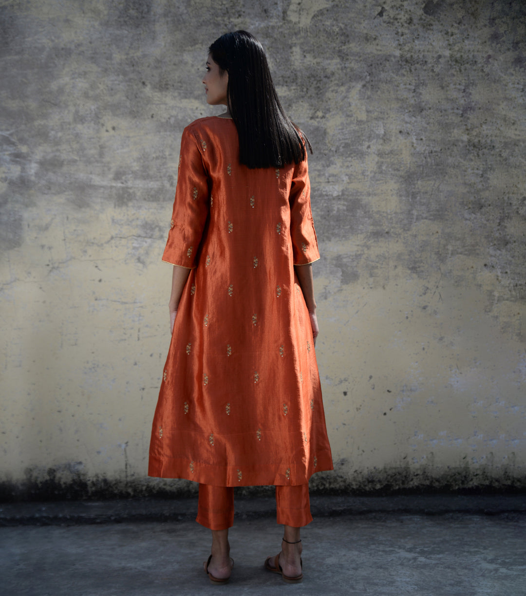 Rust Orange Embroidered Silk Kurta & Pants Set