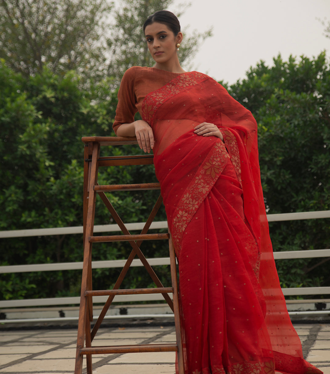 Rust Embroidered Organza Saree