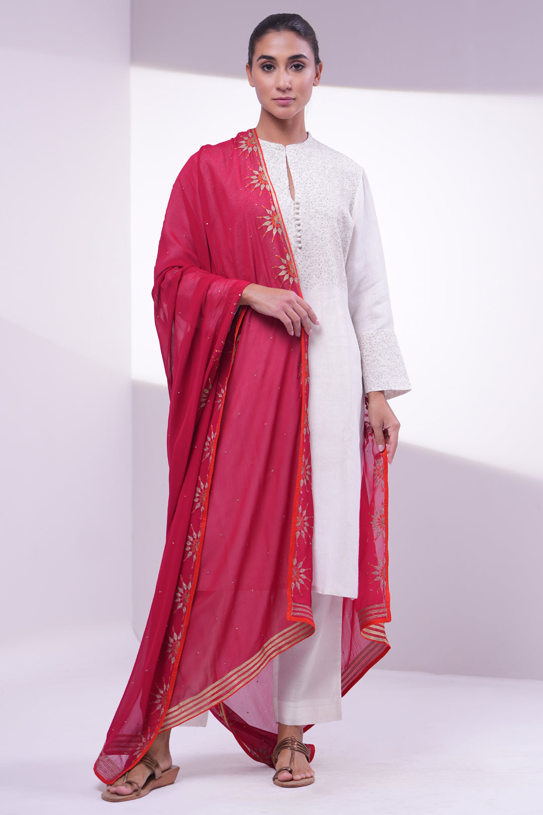 Dark Pink Embroidered Dupatta