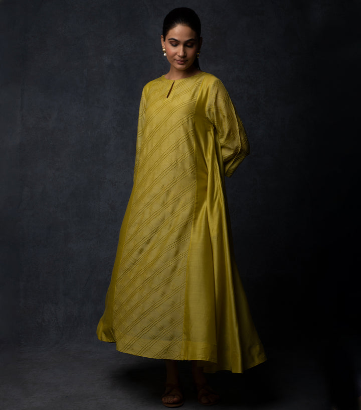 Yellowish-Green Panelled Muslin Dress