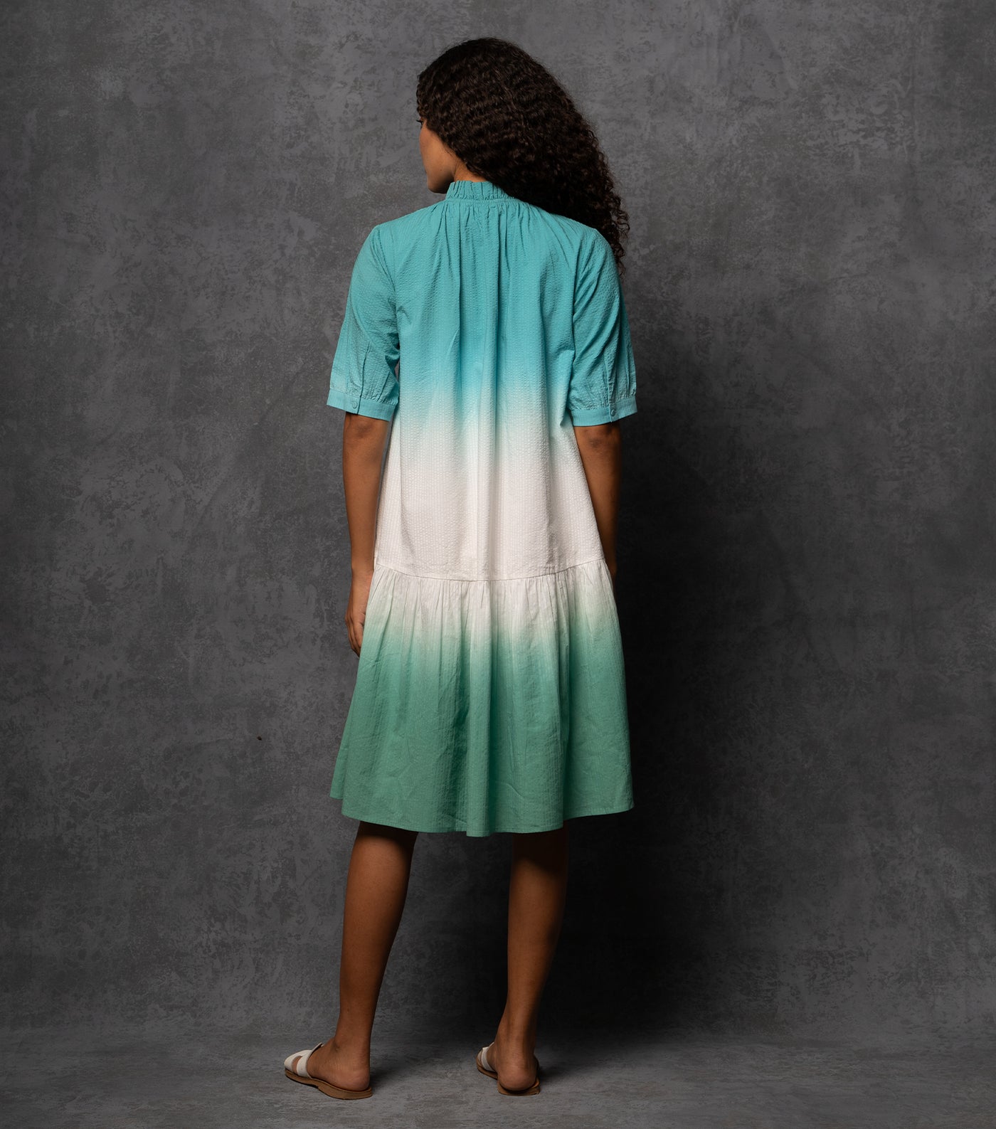 Ombre Grace Textured Cotton Dress with Mock Gathered Neckline