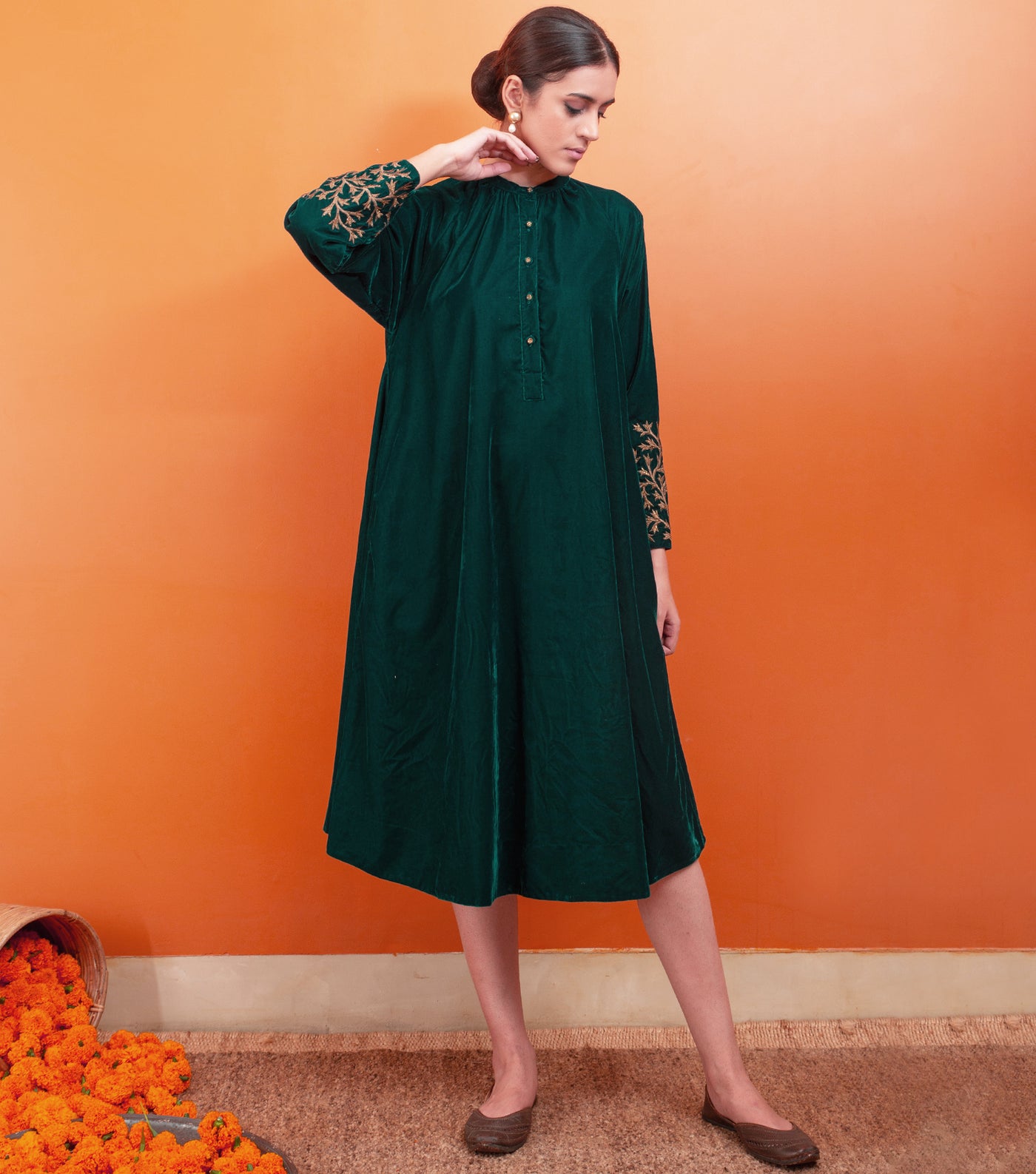 Emerald Green Zari Hand Embroidered Velvet Dress