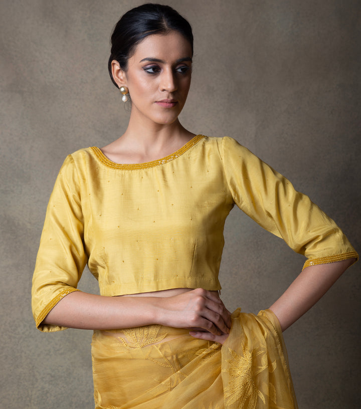 Yellow Hand Embroidered Cotton Silk Blouse