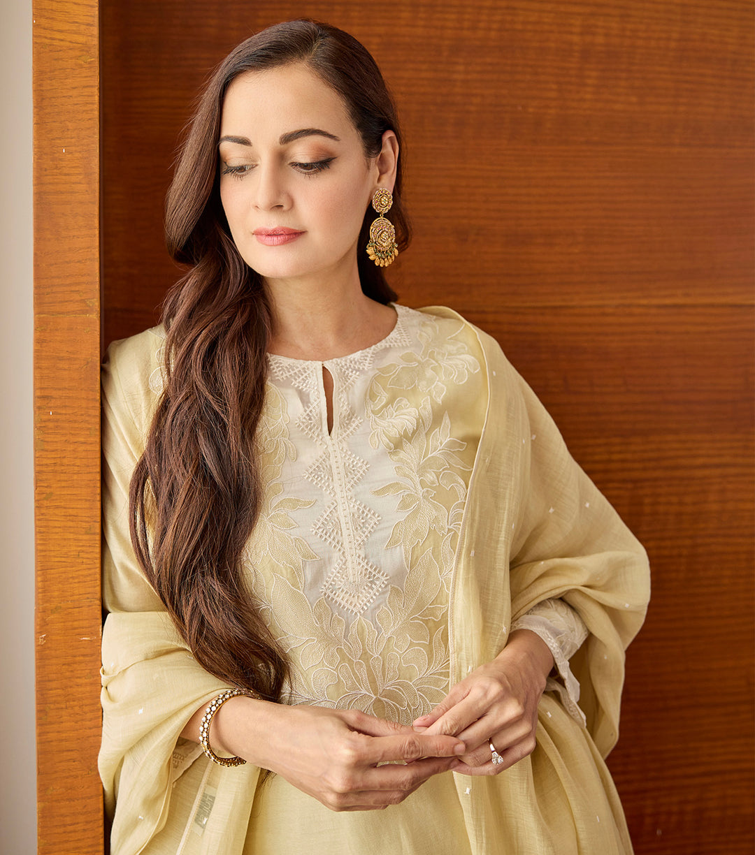 Dia Mirza in Beige Patchwork & Embroidered Chanderi Suit Set