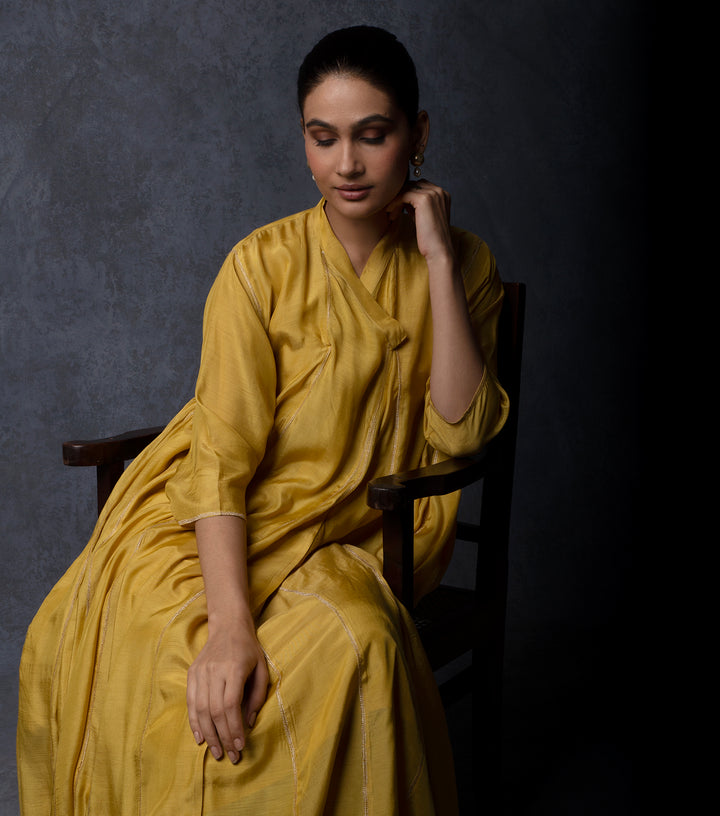 Mustard Muslin Embroidered Choga