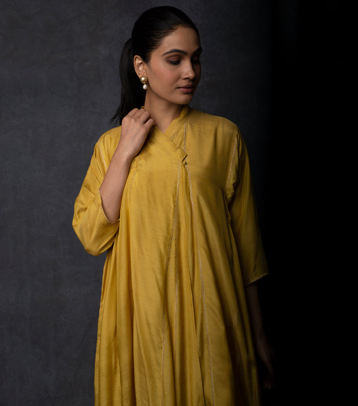 Mustard Muslin Embroidered Choga