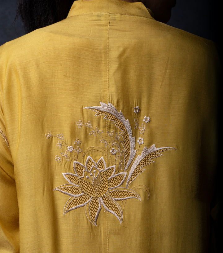 Mustard Muslin Embroidered Choga