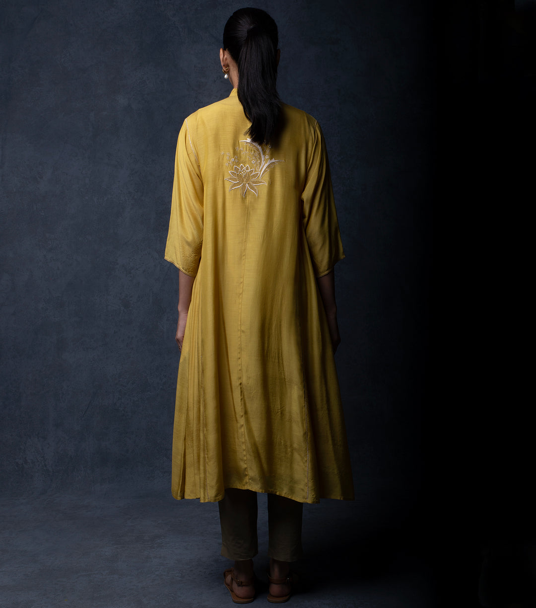 Mustard Muslin Embroidered Choga