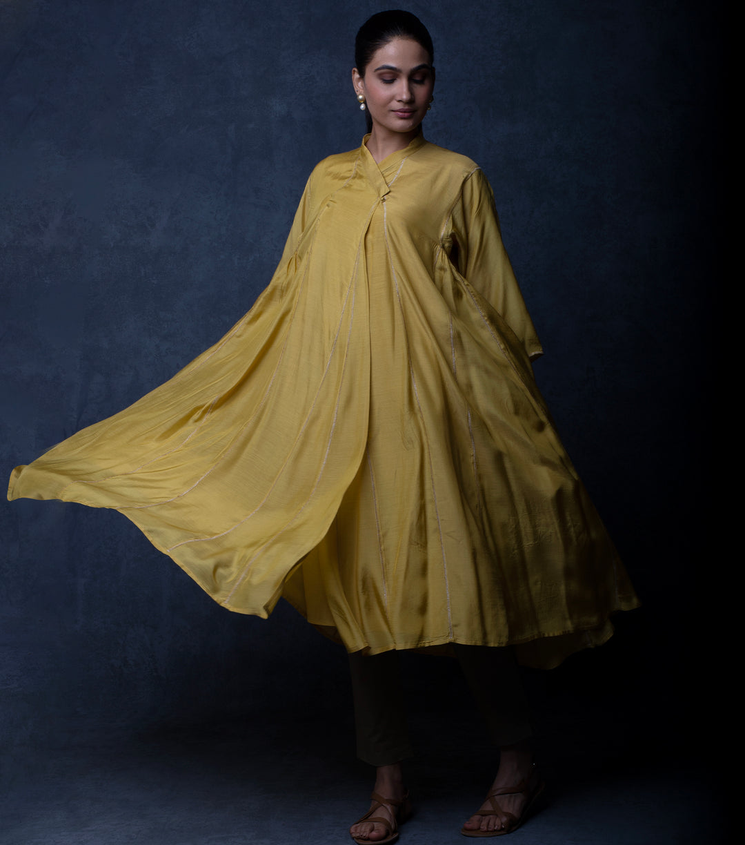 Mustard Muslin Embroidered Choga