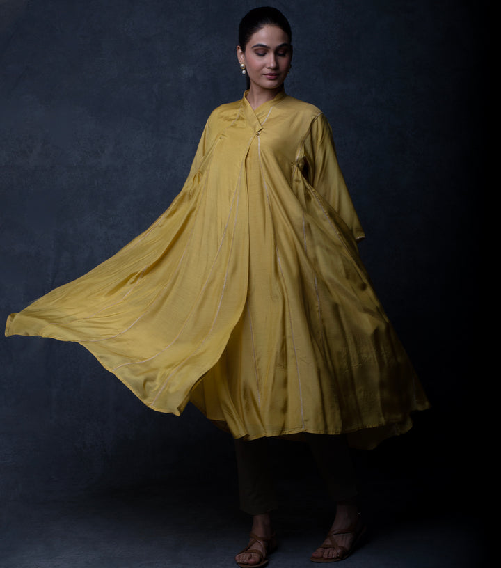 Mustard Muslin Embroidered Choga