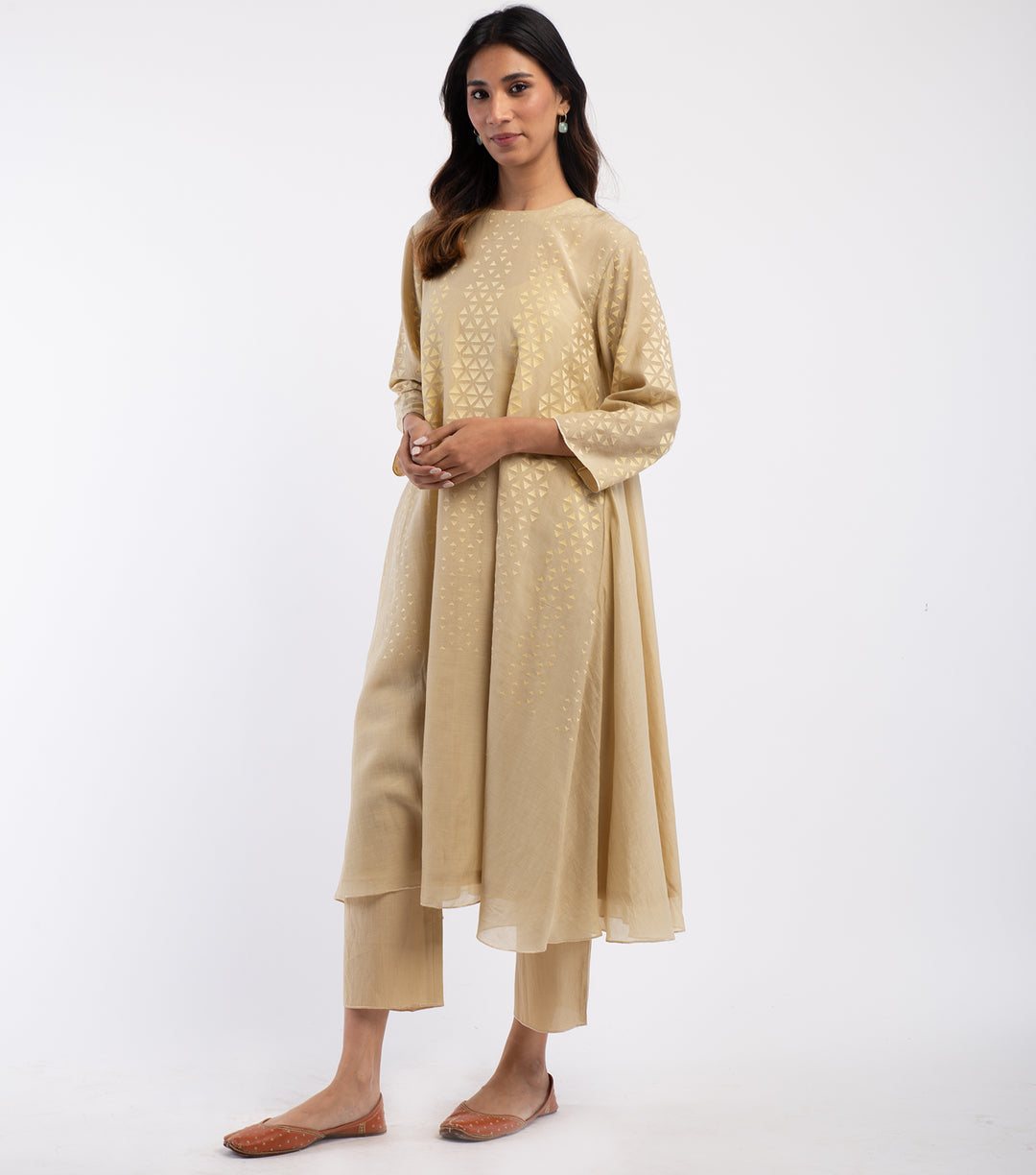 Beige Embroidered Cotton Kurta & Palazzo Pants Set