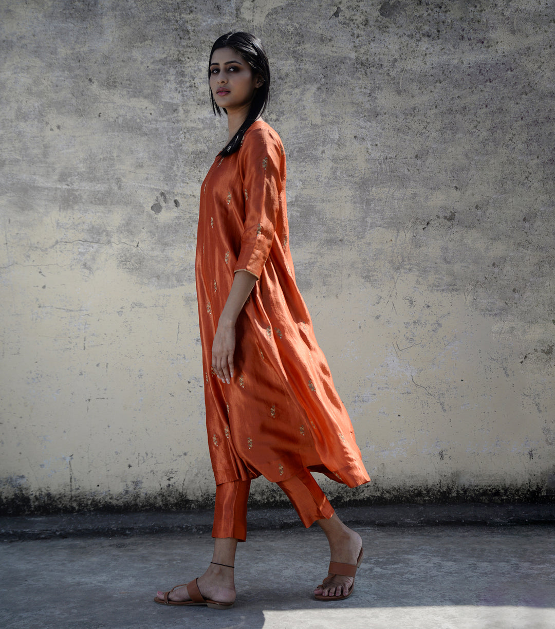 Rust Orange Embroidered Silk Kurta & Pants Set