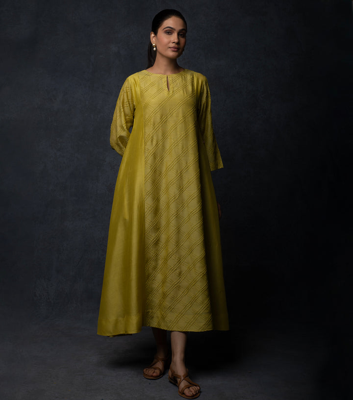 Yellowish-Green Panelled Muslin Dress