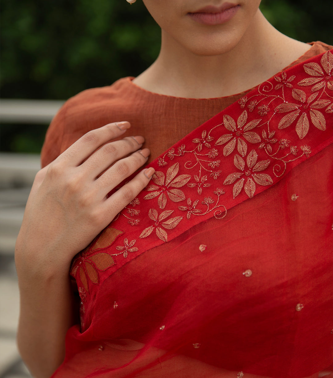 Rust Embroidered Organza Saree