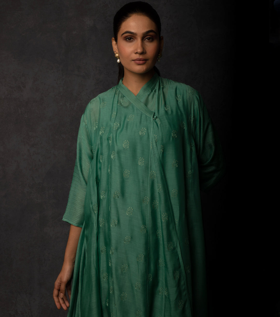 Jade Green Thread Embroidered Muslin Choga