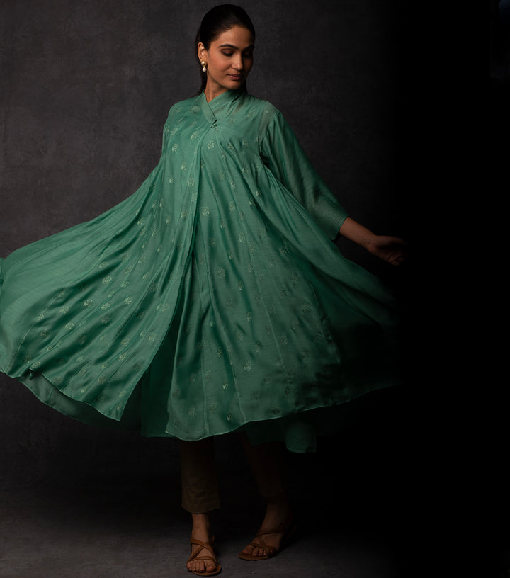 Jade Green Thread Embroidered Muslin Choga