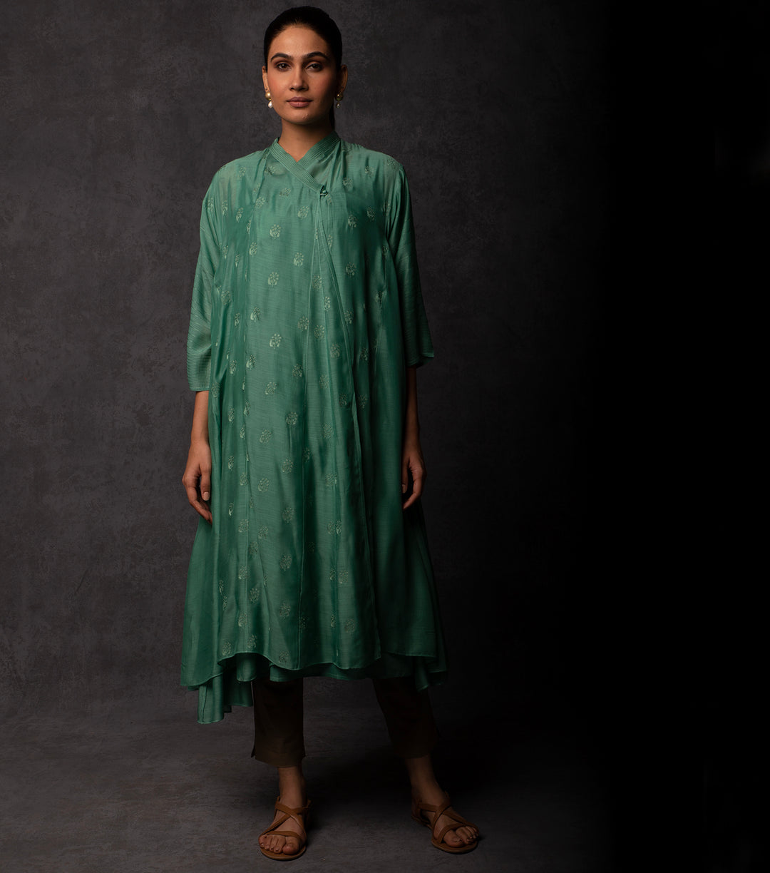 Jade Green Thread Embroidered Muslin Choga