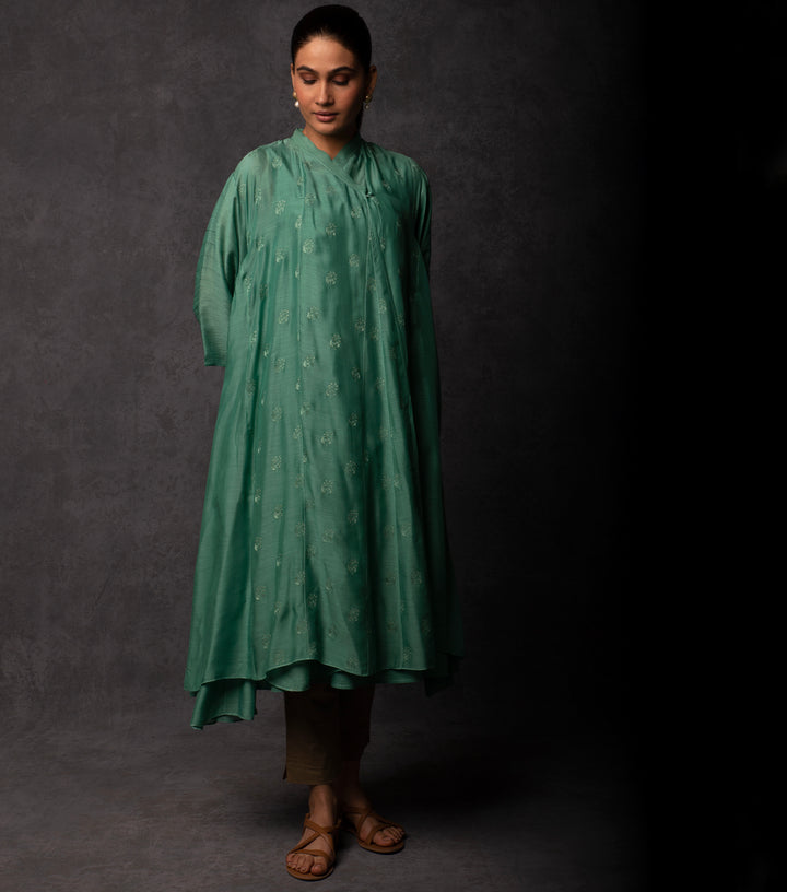 Jade Green Thread Embroidered Muslin Choga