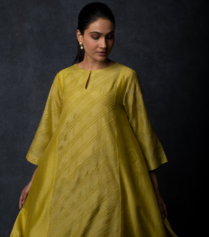 Yellowish-Green Panelled Muslin Dress