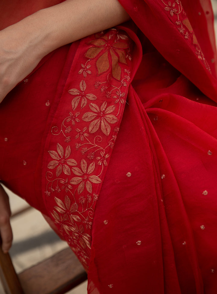 Rust Embroidered Organza Saree