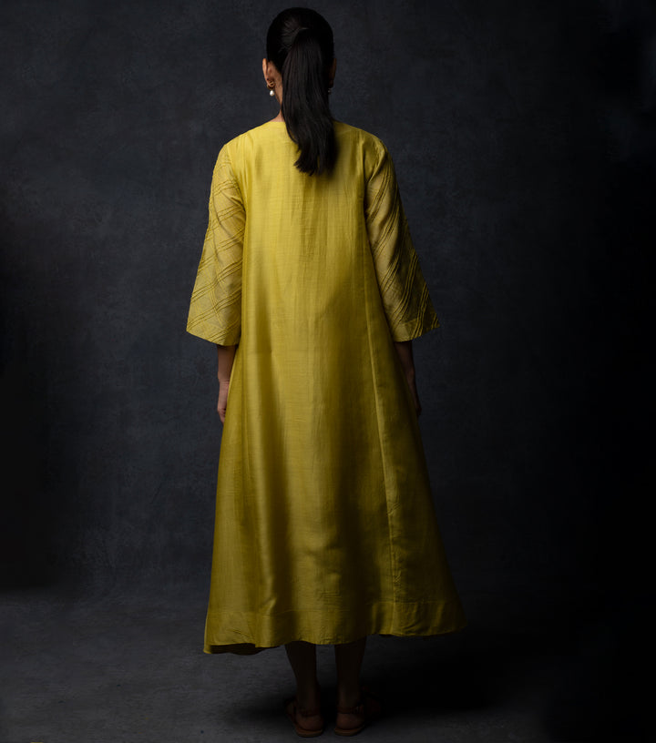 Yellowish-Green Panelled Muslin Dress