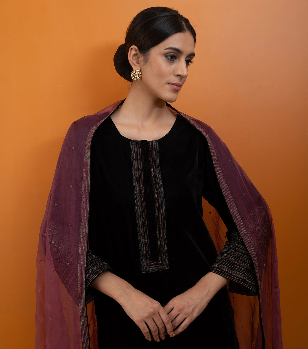 Plum Hand Embroidered Organza Dupatta