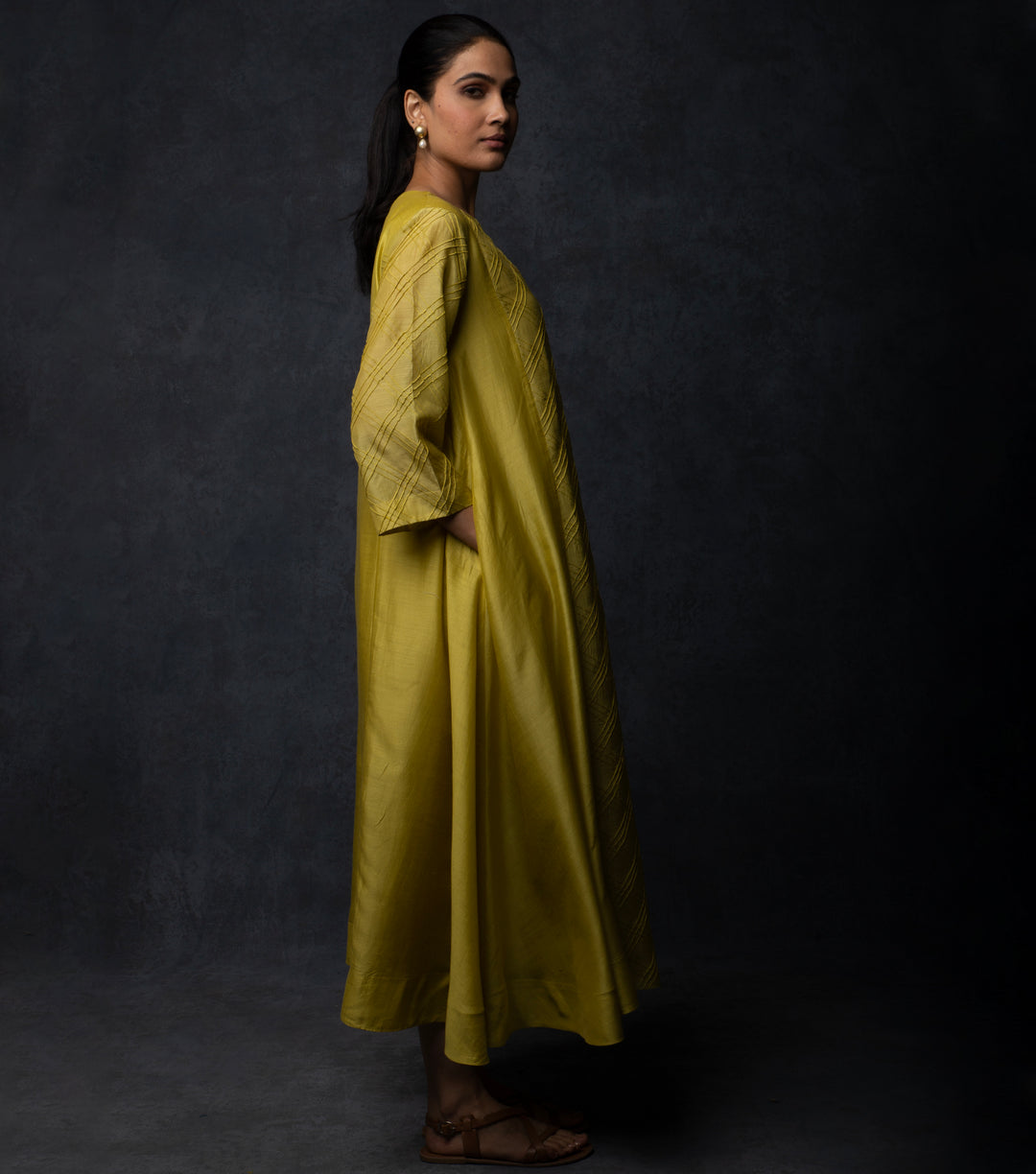 Yellowish-Green Panelled Muslin Dress