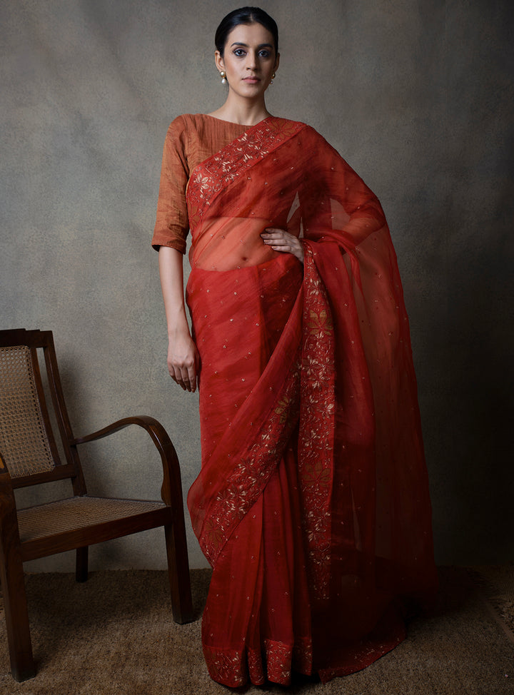 Rust Embroidered Organza Saree