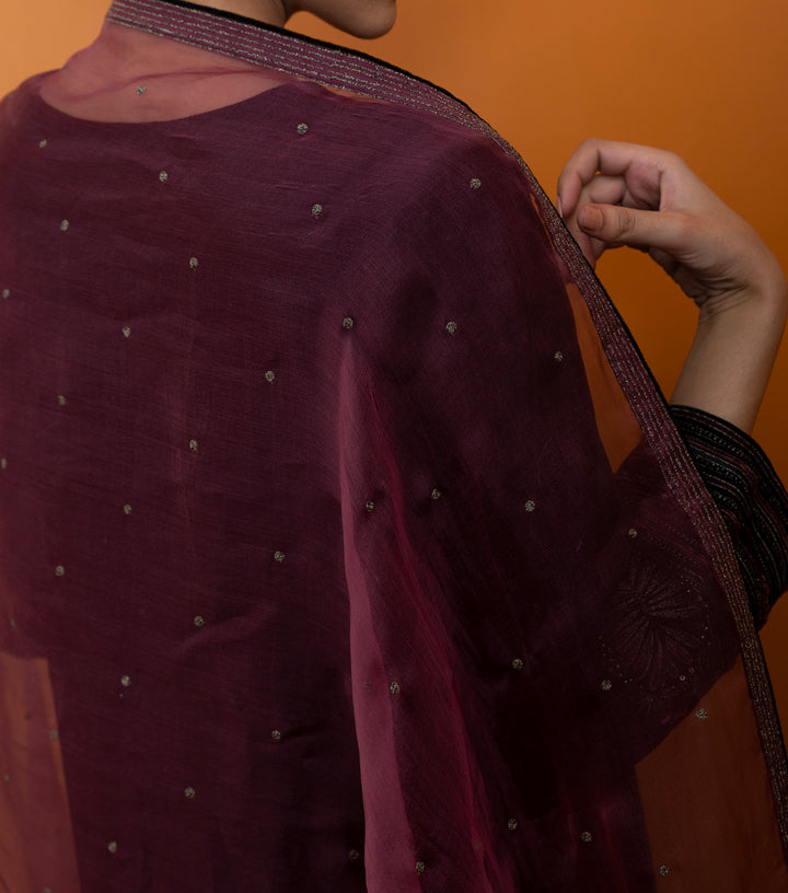 Plum Hand Embroidered Organza Dupatta