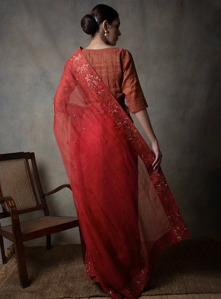 Rust Embroidered Organza Saree