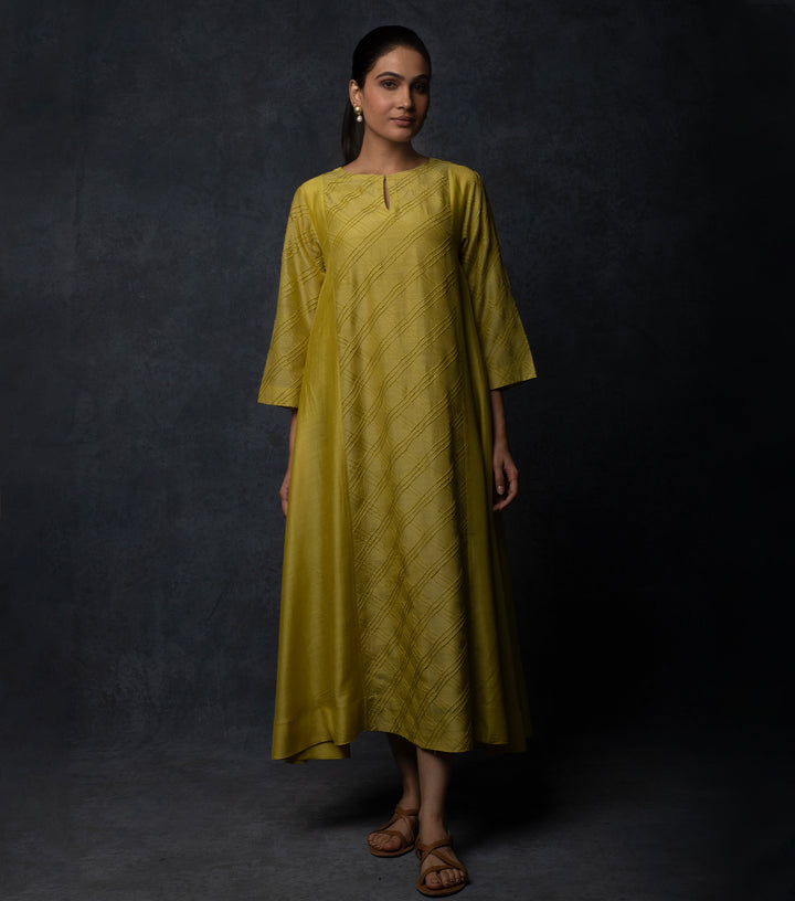 Yellowish-Green Panelled Muslin Dress