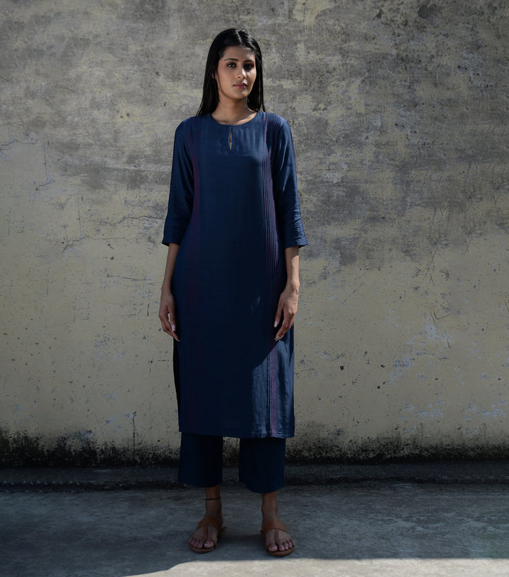 Navy Blue Cotton Silk Kurta & Palazzo Pants Set