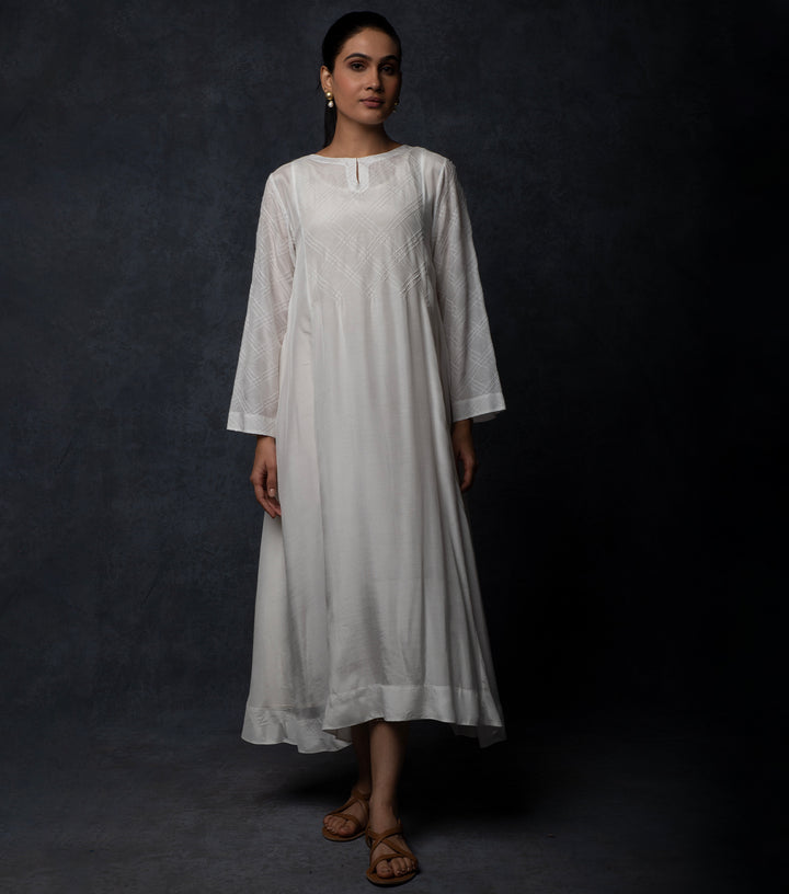 White Pintuck Embroidered Muslin Dress