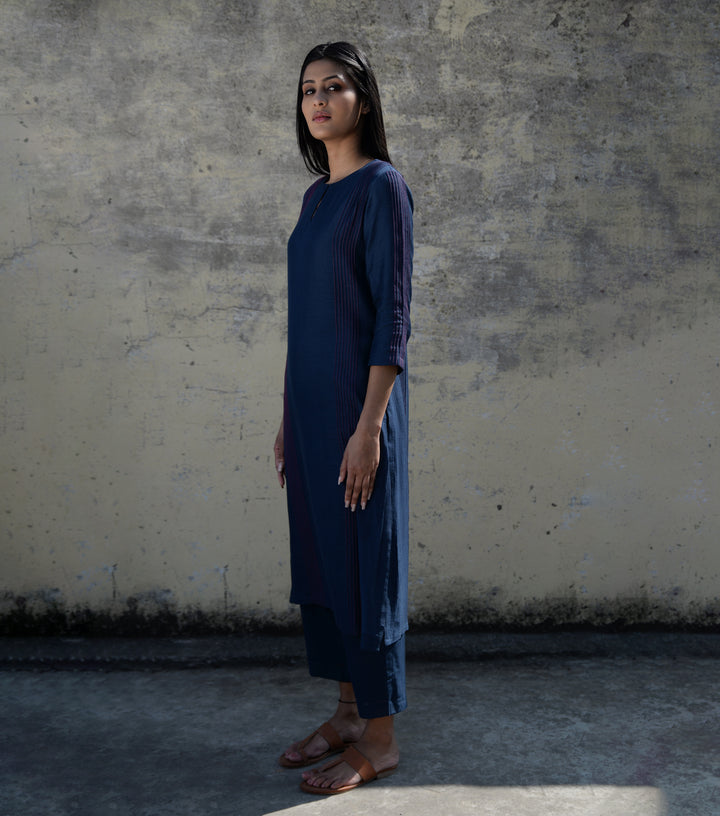 Navy Blue Cotton Silk Kurta & Palazzo Pants Set