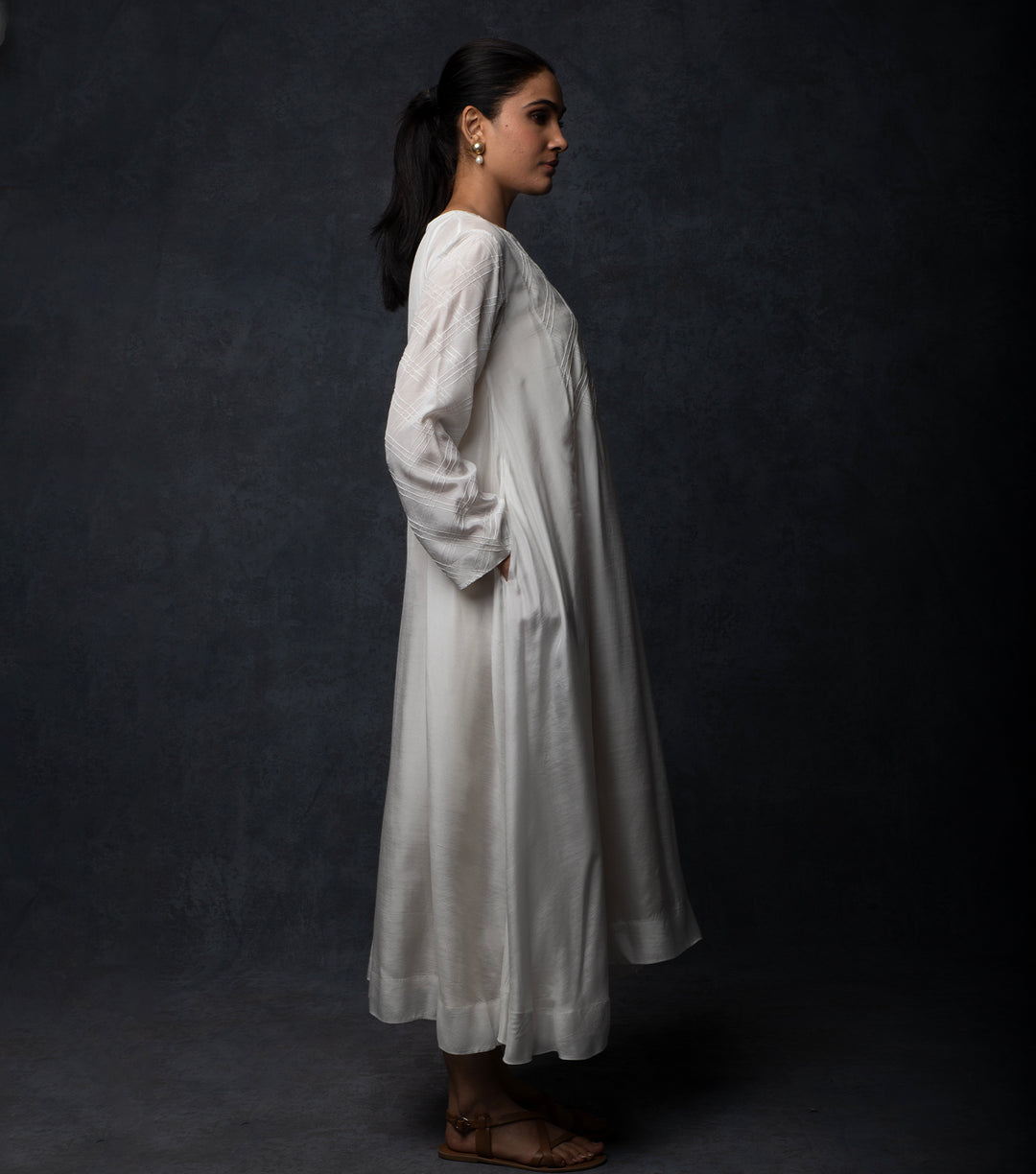 White Pintuck Embroidered Muslin Dress