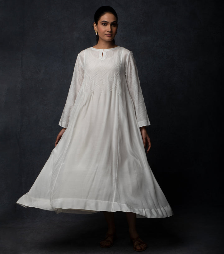 White Pintuck Embroidered Muslin Dress