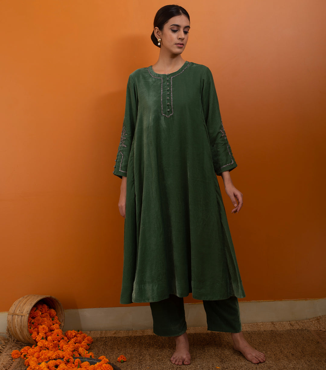 Green Embroidered Velvet Suit Set