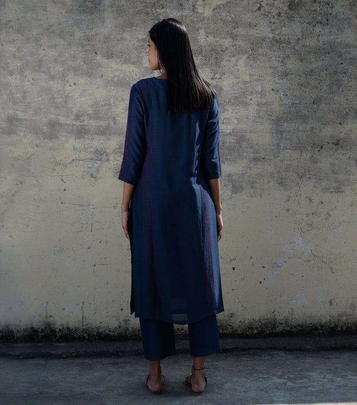 Navy Blue Cotton Silk Kurta & Palazzo Pants Set