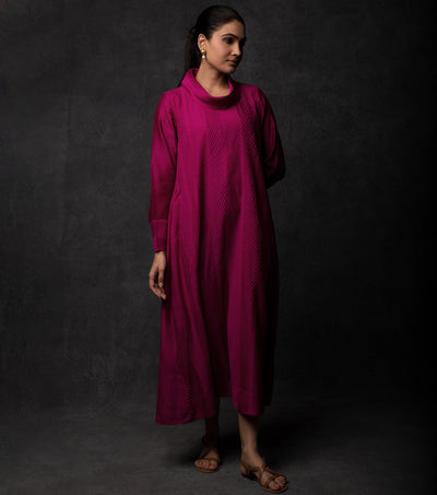 Magenta Pintuck Embroidered Chanderi Dress